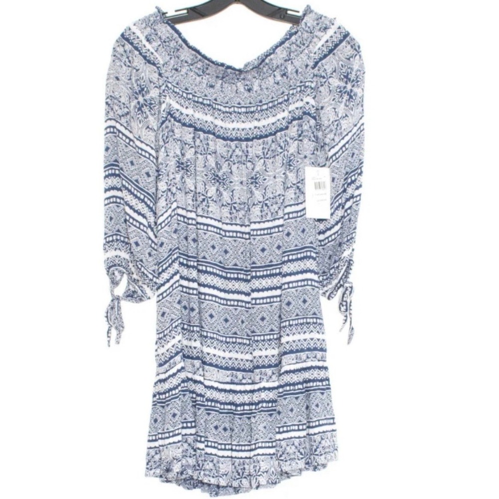 NWT Rip Curl Women's Dress Southeast Swell Boho Blue White Smocked‎ Off Shoulder